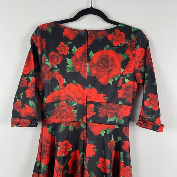 Dolly & Dotty Fit & Flare Midi Dress Size 6 Red Floral Half Sleeve Retro Pinup - Picture 6 of 11